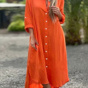 TEMU Damens Langarmhemdkleid im Freizeitstil - Lockerer Schnitt, Langer Schnitt in Unifarben mit Knopfleiste und Kragen, , Maschinenwaschbar für Alle Jahreszeiten, Eleganz-Kollektion, Damenblusen