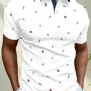 TEMU Herren Casual Sommer Kurzarm Polo Shirt mit ""BIRD"" Print - Rot mit blauen Vögeln, 3D , Knopfverschluss, leichtes Gewebe, Casual Streetwear, Casual Sommerkleidung | | Dehnbares Gewebe