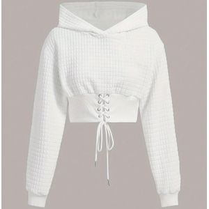 TEMU Elegantes Weißes Damen-Hoodie - Schickes Langarm--Top mit Kordelzug & Schnürdetail, Polyester-Mischung, Maschinenwaschbar - für Frühling/Herbst