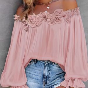 TEMU Frühling/Sommer Neues Produkt Elegantes Temperament Einreihiges Einfarbiges Langarmshirt Lässig Schulterfreies Lockerer Laternenärmel Langarmshirt