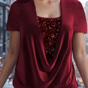 TEMU Elegantes Kastanienbraunes Pailletten-Oberteil mit Kurzen Ärmeln und Falscher Schichtung - Polyester & -Mischung, Maschinenwaschbar, mit Glitzer-Detail, für den Sommer
