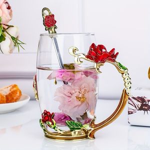 TEMU Elegantes Emaille-Rosen & Perlen Teetassen-Set - 350ml , 320ml Kurz | für , , Kaffee, Heiße Getränke | Kristallglas-Geschenkset in Blau/Rot