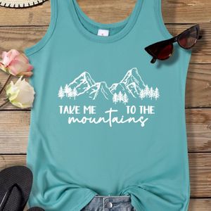 TEMU Ärmelloses Damen-Tanktop mit Rundhalsausschnitt und ""Nimm in die Berge"" Aufdruck - Atmungsaktives Polyester, Lässiges Geometrisches Berg- und Waldmuster Weste für Frühling/Sommer/Herbst