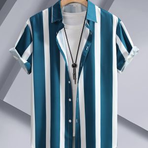 TEMU Herren Sommer Casual Gestreiftes Kurzarm Hemd mit Reverskragen - Leichtgewichtiges Polyester, Ideal für den Wochenend-Casual-Stil
