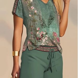 TEMU Frühling-Sommer V-Ausschnitt Bohemian-Druck Kurzarm Top und Kordelzug Shorts Damen Casual 2er Set