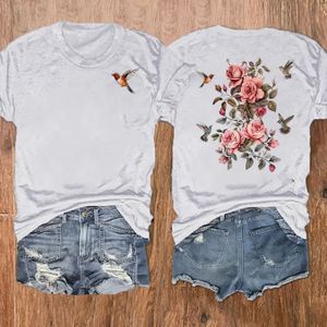 TEMU Damen T-Shirt mit Blumenmuster, Kurzarm, Rundhalsausschnitt, Polyester-Strickstoff, Länge, -Fashion-Top