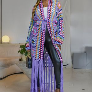 TEMU Strick-Cardigan mit offener Front für Damen, lässiger, langärmeliger, hohler, gehandstrickter Langmantel mit Quasten für Damen, Bademantel,