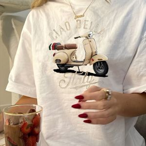TEMU 1pc Vintage Italienischer Scooter Druck T-Shirt, Damen Rundhalsausschnitt Kurzarm Top, 100% Polyester Strickstoff, Lässiger Geometrischer Muster Tee für alle Jahreszeiten