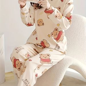 TEMU Frauen Pyjama-Set mit süßem Bären- und Buchstabendruck, Langarmshirt mit Rundhalsausschnitt und Hose mit elastischem Bund, Lässige Polyester-Strickstoff-Nachtwäsche für Frühling/Sommer/Herbst
