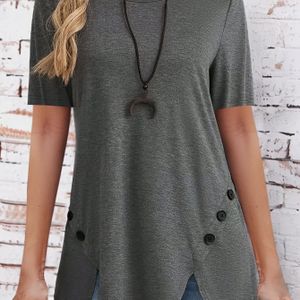 TEMU Damen Plus Size Elegante Off-Shoulder Kurzarm T-Shirt mit Doppelbrustknöpfen, Rundhalsausschnitt, Einfarbig, Mittlere Stretchstoff - Sommer Casual Wear, Vielseitiges Schichtstück, Damen T-Shirts