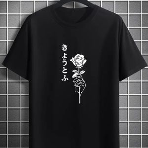 TEMU Trendy ?Hand Hold A Rose? japanischer Aufdruck, lässiges Rundhals-Kurzarm-T-Shirt für Herren, vielseitiges, bequemes Outdoor-Oberteil für den Sommer