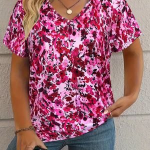 TEMU Übergröße Blumenmuster V-Ausschnitt T-Shirt, Damen Elegantes Gestricktes Stoffoberteil, Hohe Dehnbarkeit, Kurzarm, Für Frühling/Sommer/Herbst