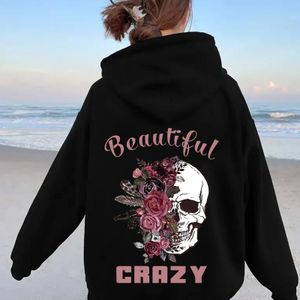 TEMU Totenkopf-Druck-Hoodie, lässiger Kapuzenpullover mit Kordelzug für Herbst & Frühling, Damenbekleidung