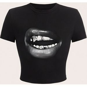 TEMU Lip Print T-Shirt, Kurzarm-Rundhalsausschnitt-Casual-Top für Sommer & Frühling, Damenbekleidung
