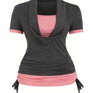TEMU Große Größe Schalkragen Farbblock Top, Lässiges 2-in-1 Kurzarm Top, Damen Übergrößenbekleidung