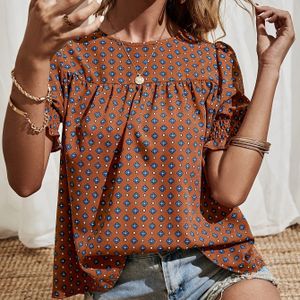 TEMU Damen Chic Crew Neck Tribal Print Ruffle Sleeve Loose Blusenhemd, 100% Polyester, Gewebt, 90g/m², für Frühling/Herbst - Erwachsene