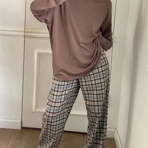 TEMU Kariertes Damen-Pyjama-Set mit Rundhalsausschnitt und Regular Fit für Frühling und Herbst