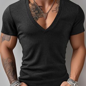 TEMU Herren Textur 3X2 Sexy V-Ausschnitt T-Shirt - Weich, Bequem Stretch, Geripptes Streifen Design, Slim Fit für Outdoor , Dunkelgrau, V-Ausschnitt Tshirt