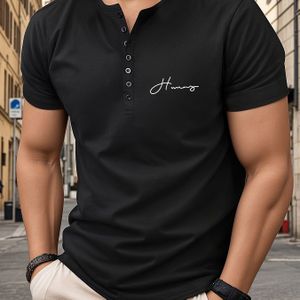 TEMU Trendy Henley-T-Shirt mit Buchstaben-Print und V-Ausschnitt für Herren ? kurzärmliges, lässiges Workout-Oberteil für den Fitnessurlaub im Frühling, Sommer