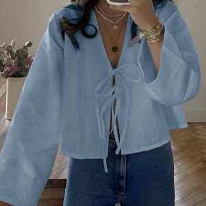 TEMU Damen-Lichtblau--Bluse mit Schnürdetail - Langärmelig, Knopfleiste vorne, Polyester, für Frühling & Herbst, Damen-Bluse