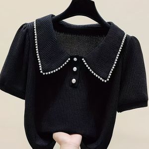 TEMU Damens Loose Fit Bubble Sleeve T-Shirt ? Kurzarm-Top mit Perlenverzierter Kragen, Bluse für Frühling/Sommer, Maschinenwaschbar, Dekorative Schulterdesign, Eleganter Knopfverschluss