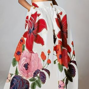 TEMU Blumendrucktaschendesignrock, Eleganter Elastischer Hoher Taillen-Maxirock Für Frühling Und Herbst, Damenbekleidung