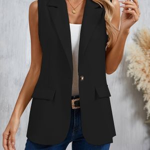 TEMU Elegantes Damenärmelloses Blazerweste, 100% Polyester Einfarbiges Reversanzugjacke, Ein-Knopf-Kragen, Gewebter Stoff, Reguläre Länge für Frühling/Herbst