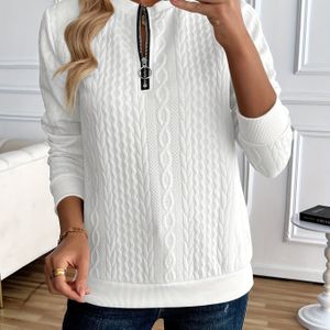 TEMU Schickes Damen-Halb-Reißverschluss-Pullover-Sweatshirt - Eleganter Einfarbiger, Langarm mit Strukturiertem Zopfstrick, Polyester-Mischung, Maschinenwaschbar, für Frühling/Herbst