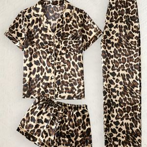 TEMU Damen Satin-Pyjama-Set mit Reifenmuster, Kurzarm-Oberteil mit Knopfleiste und Kragen, Shorts und Hosen, Bequeme Lockere Passform