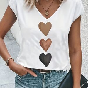 TEMU Herzdruck V-Ausschnitt T-Shirt, lässiges Cap-Sleeve T-Shirt für Frühling & Sommer, Damenbekleidung