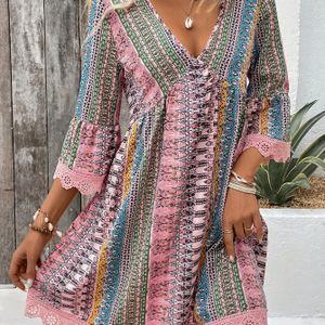TEMU Damens Elegantes Paisley-Druck V-Ausschnitt Sommerkleid mit Spitzenbesatz - A-Linien Kleid, Maschinenwaschbar und Leicht für Lässige & Formelle Anlässe, Nicht Durchsichtiges Gewebe