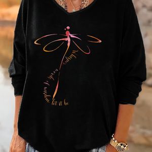 TEMU Schickes Plus-Size V-Ausschnitt-Oberteil mit abstraktem Libellen- & Buchstabendruck, 3/4-Ärmel - Pflegeleichter Strickstoff für & Party