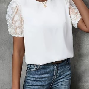 TEMU Elegante Bluse mit Blumen-Mesh-Panel für Damen - Schickes Kurzarm-Oberteil mit Rüschen-Detail, 100% Polyester, Rundhalsausschnitt, Nicht Durchsichtig - für Frühling & Sommer, Weiß, Damenblusen
