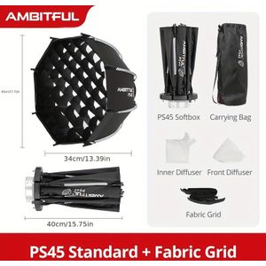 TEMU AMBITFUL PS45 45cm Schnellmontierbare Tragbare Softbox - Mini Achteckige Bowenhalterung mit Waben-Gitter für LED Blitzlichter, Schwarz-Weißes Design, Inklusive Tragetasche & Zubehör