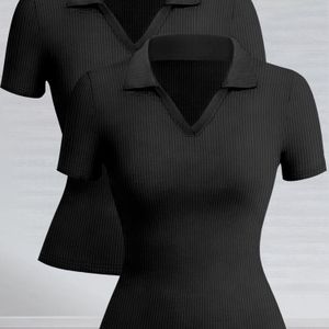 TEMU Damen 2-teiliges Polo-Shirt-Set - Stretchy Kurzarm & V-Ausschnitt Oberteil, Lässige Einfarbige Bluse mit Reverskragen für Frühling/Sommer, Damen Polo-Shirts