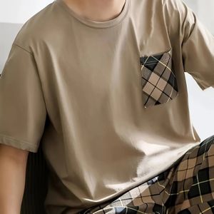 TEMU 2er-Set Herren Pyjamas mit hochwertigem Karomuster und Rundhalsausschnitt Kurzarmhemd sowie karierten Shorts, bequem und in leuchtendem Beige, geeignet für den lässigen Heimgebrauch