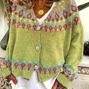 TEMU Stilvoller grüner und mehrfarbiger geometrischer Strickcardigan - Lässiger V-Ausschnitt, Polyester, ideal für Herbst/Winter, Damencardigans