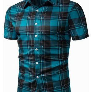 TEMU Herren Sommer-Karo-Hemd ? Blau & Schwarz Karomuster mit Spitzkragen, Leichtes Atmungsaktives Material, Regular Fit für Vielseitige , Casual Kleidung, Pflegeleichte Bekleidung