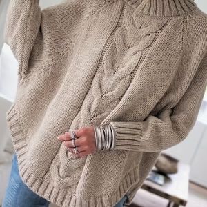 TEMU Kabel-Mock-Neck-Pullover, Vintage-Batwing-Ärmel-Curved-Hem-Pullover, Damenbekleidung