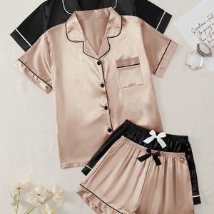 TEMU 2er-Pack Satin-Pyjamas, Kurzarm-Hemd mit Knopfleiste und Schleifenshorts, Damen-Nachtwäsche & Loungewear