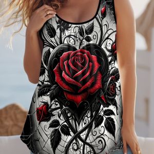 TEMU Atmungsaktives Sport-Tanktop für Damen in Übergröße - Dunkelrosa Druck, Rundhalsausschnitt, Ärmelloses Freizeithemd für den Sommer, Tanktops