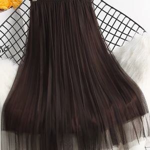 TEMU Damen-Hochtaillen-Pleated-Tulle-Rock - Hellblau, A-Linie-Halbrock mit Rüschenbesatz, lässiger Stil, Polyesterstoff, für Frühling & Sommer