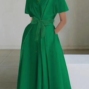 TEMU Einfarbiges Kleid mit Knopfleiste vorne, elegantes Kurzarmkleid für Frühling und Sommer, Damenbekleidung