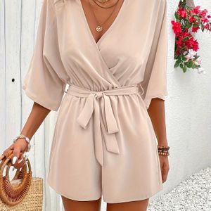 TEMU Leichter Damen-Jumpsuit mit V-Ausschnitt und - Blumen-Spitzenstruktur Sommerkleid für Freizeit & Strandausflüge, Maschinenwaschbar, Elegante Freizeitbekleidung, Weicher Drapierter Stoff