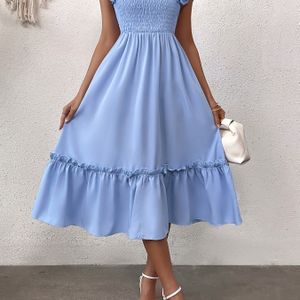 TEMU Youduomi Damen Elegantes A-Linien-Kleid ? Quadratischer Ausschnitt, Rüschenärmel, Unifarben, Maschinenwaschbar, Ganzjahres-Trend für Casual & Formelle Anlässe, Glattes Stoffmaterial
