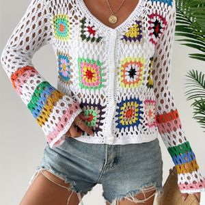 TEMU Frühlings-Boho-Farbige Geometrische Handgefertigte Pullover für Frauen - Lässiger Langarm-Hohl-Detail-Cardigan-Kragen