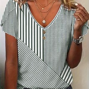 TEMU Damens Casual V-Ausschnitt T-Shirt mit Falschen Knopfdetail - Grün-Weiß Gestreiftes Sommeroberteil, Leichter Atmungsaktiver Stoff, Maschinenwaschbar, Damen-T-Shirts, Alltagsmode, Bequeme Passform