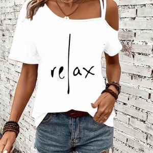 TEMU Damens Freizeit-T-Shirt mit Schulterfreiem Druck - Weicher Strickstoff, asymmetrisches Design mit ""ENTSPANNEN""-Buchstabendruck, leicht und atmungsaktiv für lässige Kleidung