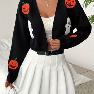 TEMU Kürbis & Geist Muster Crop Cardigan, Offene Vorderseite Langarm Cardigan für Frühling & Herbst, Damenbekleidung