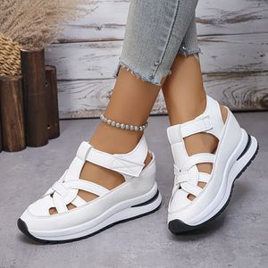 TEMU Verstellbare Damen-Sandalen mit Klettverschluss - Dicke Sohle, Bequemer Niedriger Absatz und Runde Zehenpartie in Weißem Synthetikmaterial für Freizeitkleidung